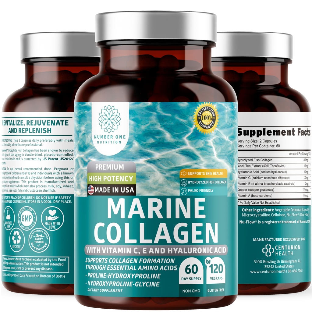 含Hyaluronic酸、维生素C、Theaflavin和铜的Premium Marine Collagen Dipeptides, 红皮、头发和钉子、Gluten Free和N-GMO的Collagen补充品,120 Veg Caps