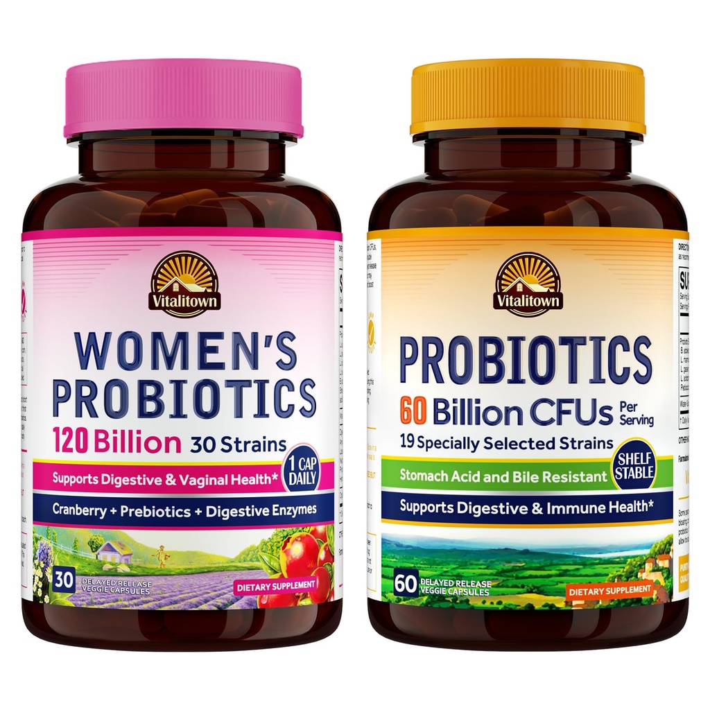 Vitalitown Probiotic Bundle (Pack of 2) + 妇女Probiotics 120亿(项目1)和Probiotics 60亿(项目2) + 大陆架稳定 + 消化和妇女健康 + 30个服务对象