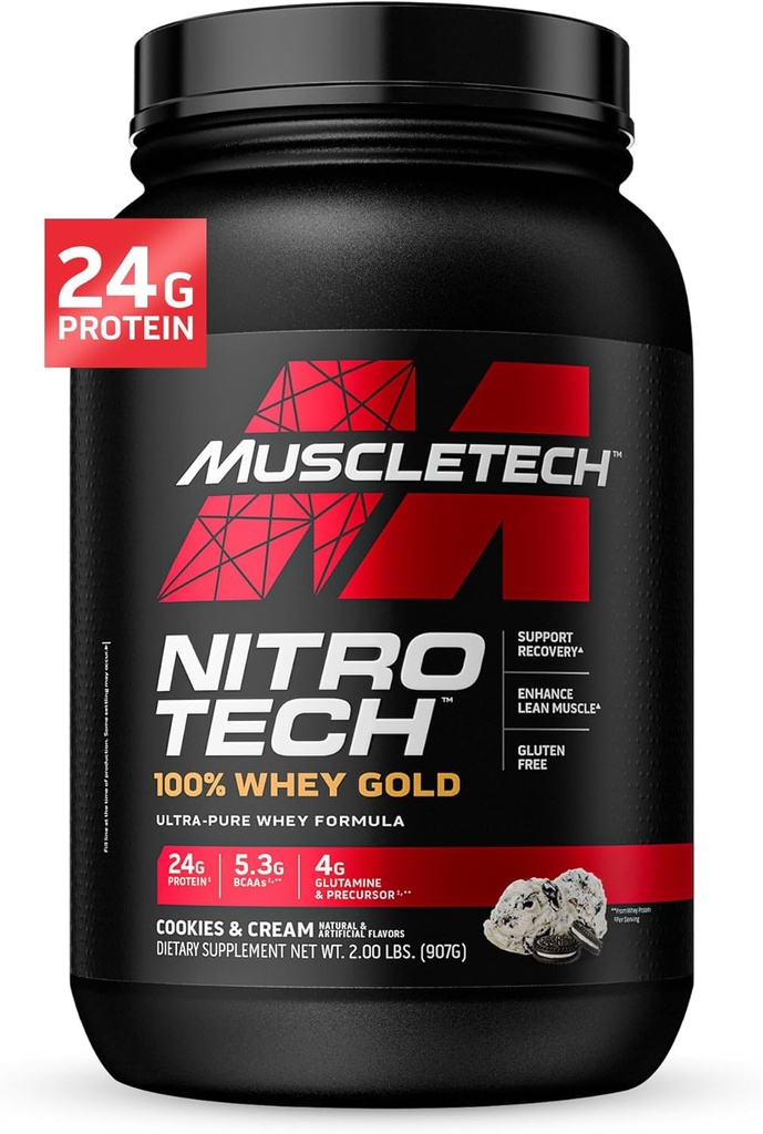 MuscleTech Whei蛋白粉,Nitro-Tech Whei金蛋白粉,Whei蛋白隔膜平滑混合剂,女性和男性蛋白粉,Cookies和Cream, 2 lb(28 services) - 包装可能有所不同.
