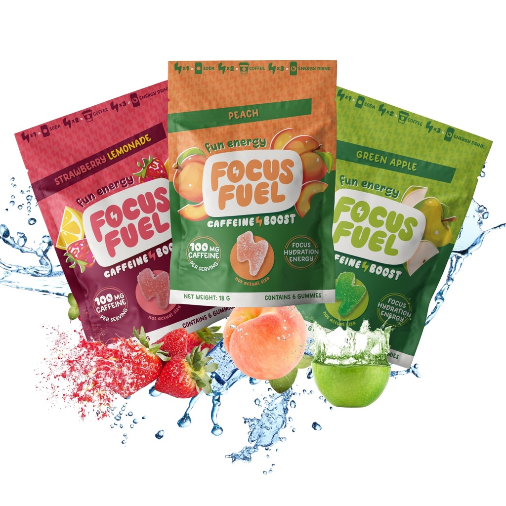 FocusFuel Energy Chews – 试射大小 品种 包装(9 services) – 100mg Cafeine + Alpha GPC + L- Theanine + B12, 镁 – 桃子, 绿色苹果, 草莓柠檬汁 Flavors – 无崩盘或Jiters