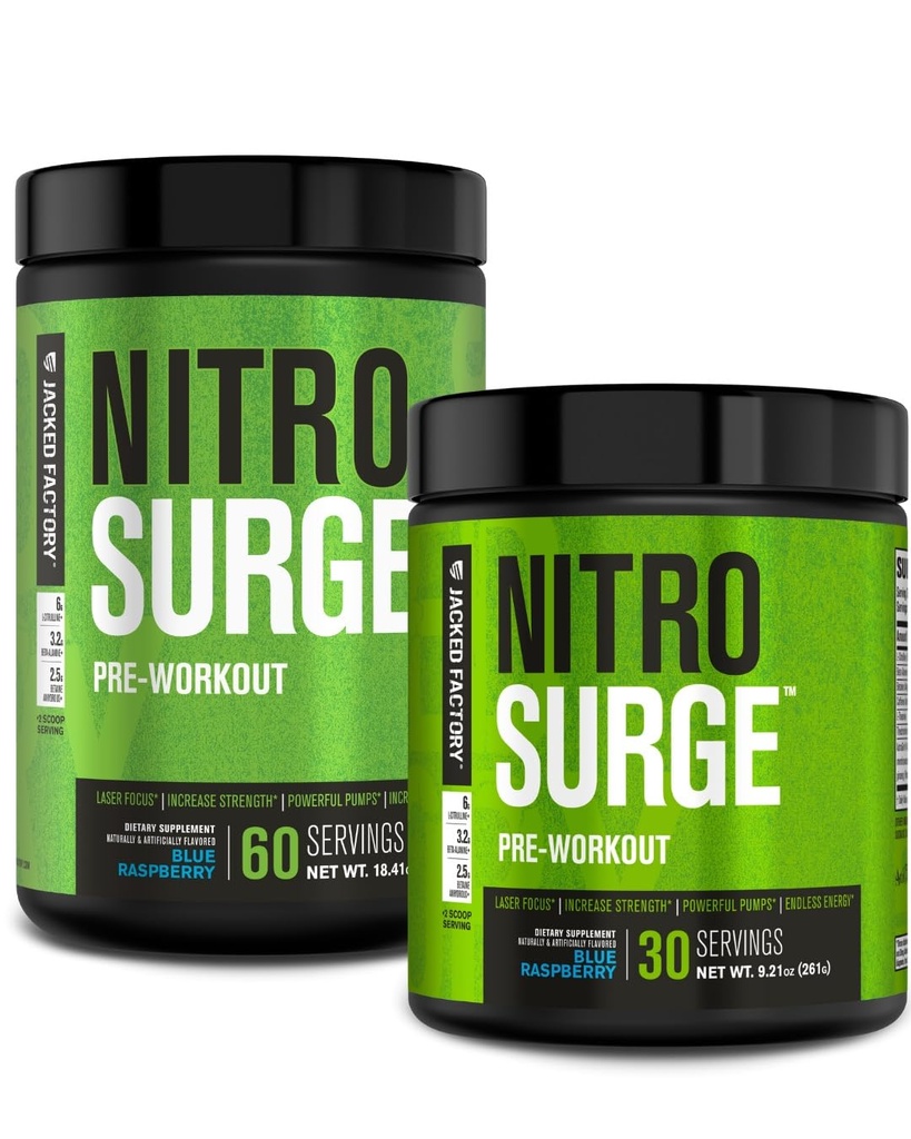 Jacked Factory NITRSURGE Pre Workingout Supplement - 能源助推器,即时强力增益器,清晰焦点和强度泵 - NO 助推器和动力预处理能源粉 - 90 services, Blue Raspberry