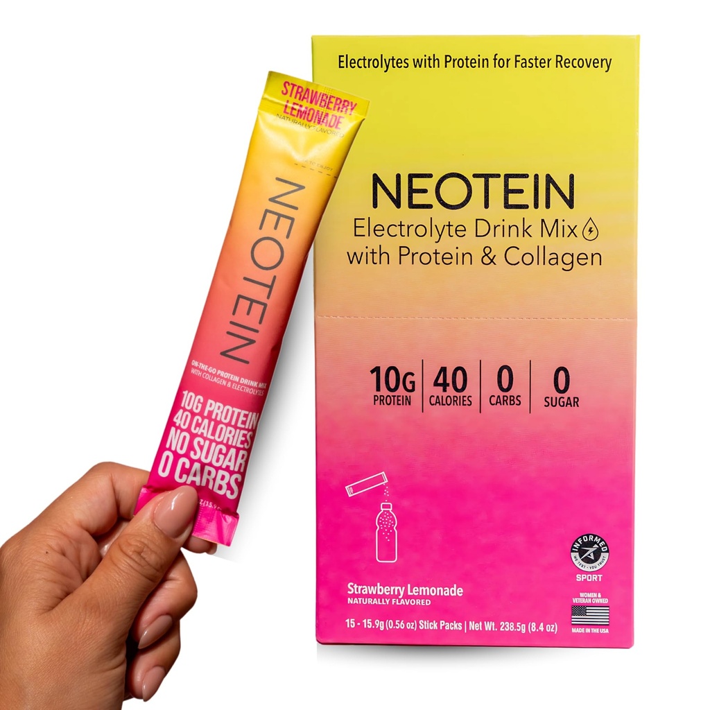 NEOTEIN:电解质粉包,蛋白质粉包,含10g蛋白质和Collagen → 水解包 - 零糖,无填料,无碳化物 → 草莓柠檬汁 → 40卡路里 → Keto & Paleo → 15包