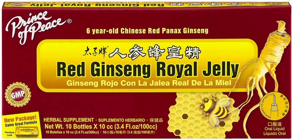 和平王子Red Ginsen Royal Jelly, 10瓶,0.34 f. oz. 每瓶“能量助推补充 ” Ginsen Shots to Go ,“支持 Body TMs 能源系统, 0.34 Fl Oz(10包)