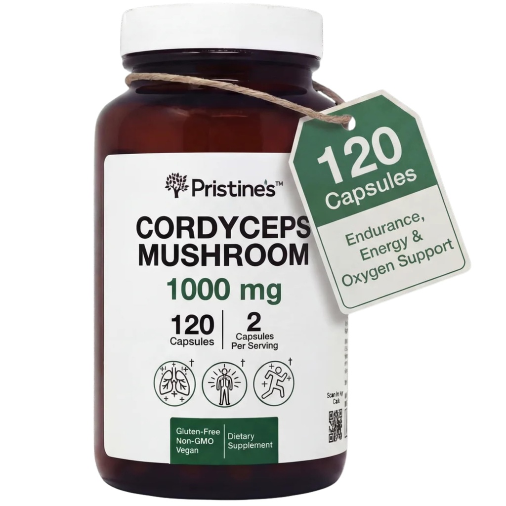 PRISTINE的Cordyceps 蘑菇卡普尔-60天供应1000MG - 运动性能,耐力和豁免适应性补充 - 抗衰老支持抗氧化剂