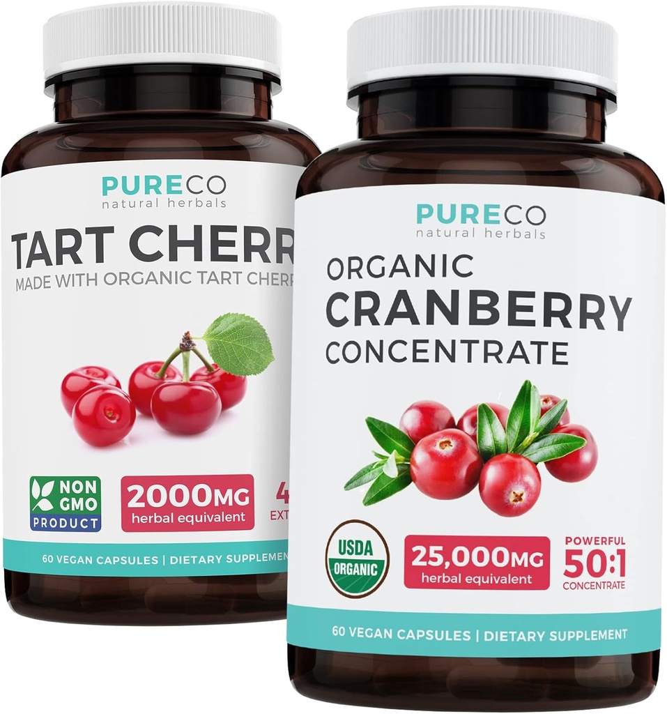 有机Cranberry药丸 & Tart Cherry - 清洁和清洁的药丸 - 尿液Tract & Uric酸支持 - 有机Cranberry药丸 - 50:1 集中和有机Tart Cherry Capsules - 4:1 摘录