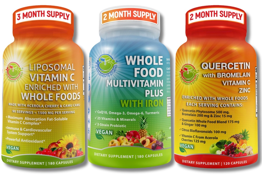 Suppments Studio Vegan Imune, 能量和全身支持包 – Vegan全食 配铁 + Liposomal Vitamin C 1500mg + 奎西丁配布罗梅兰,锌,维生素 C – 非GMO