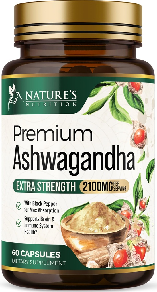 Ashwagandha 补编 - 2100mg Ashwagandha Capsule for Men & Men, Natural Antioxidant Support, Ashwa 根部提取, 外力冷静支持与黑辣椒, Vegan & Gluten Free - 60 Capsules