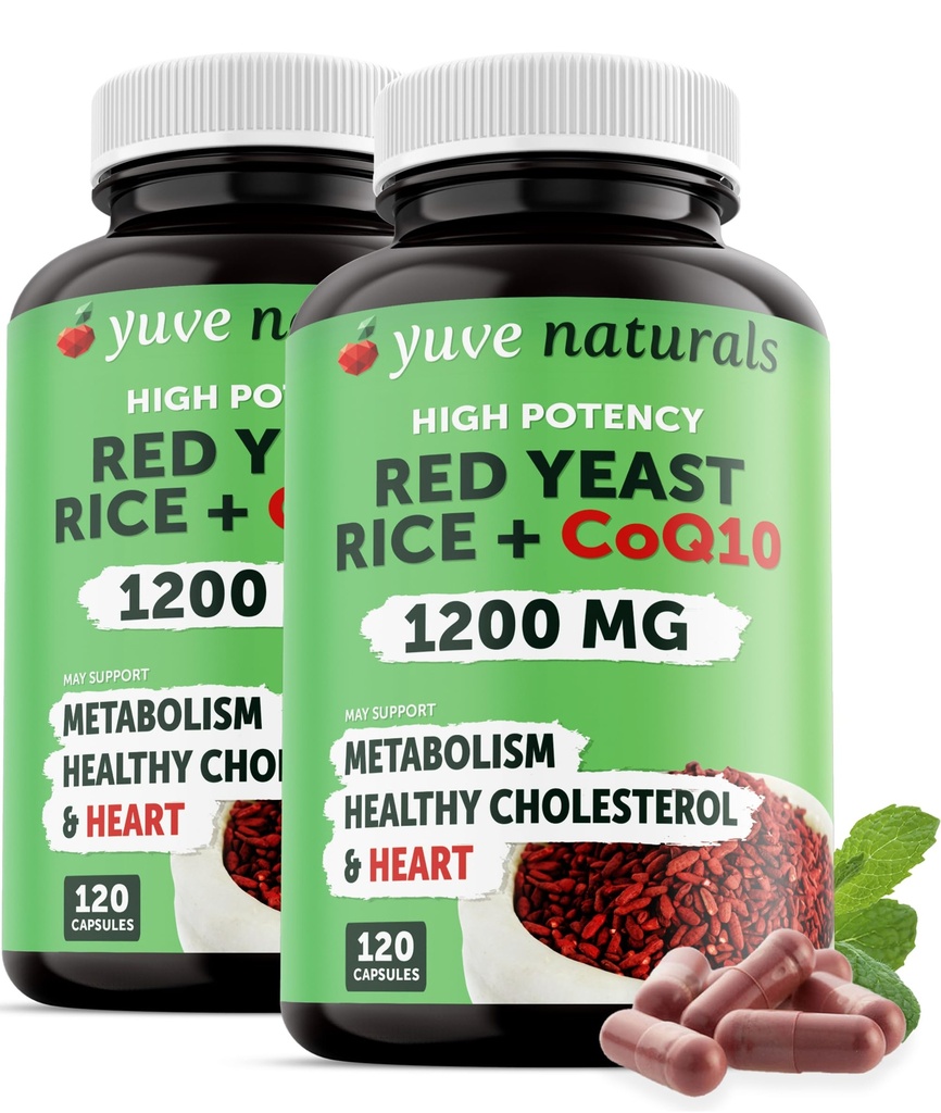 红酵母大米 1200 mg capsules with CoQ10 - 维持健康胆固醇水平,草心健康 Vegan 红酵母大米补充物 - 红酵母大米与 CoQ10 for Men & Men - 120 Ct (2-Pack)