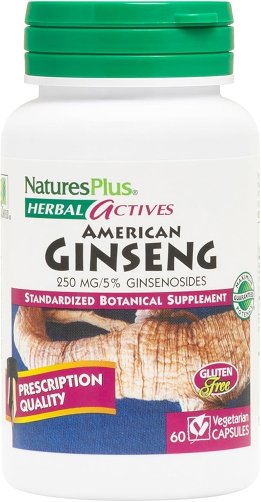 Natures Plus Herbal Actives American Ginseng - 250 mg,5% Ginsenosides - 60 Vegan Capsules - 格鲁滕-无格鲁滕 - 60名服役者