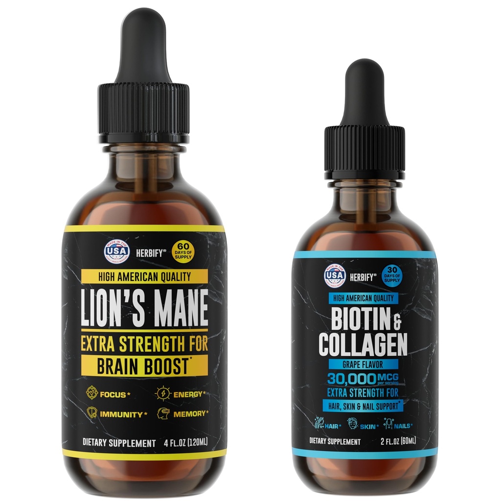 HERBIFY 套装 - 狮子 Mane Drops & Biotin and Collagen - 大脑,头发,皮肤和钉子支持