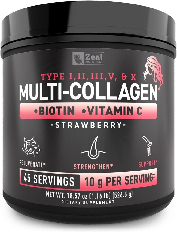 含有维生素C、Biotin、Hyaluronic Acid的多焦磷酸酯蛋白粉(1、2、3、5和10),用于毛皮和钉子-海洋、波文、鸡和蛋壳(草莓,45种)