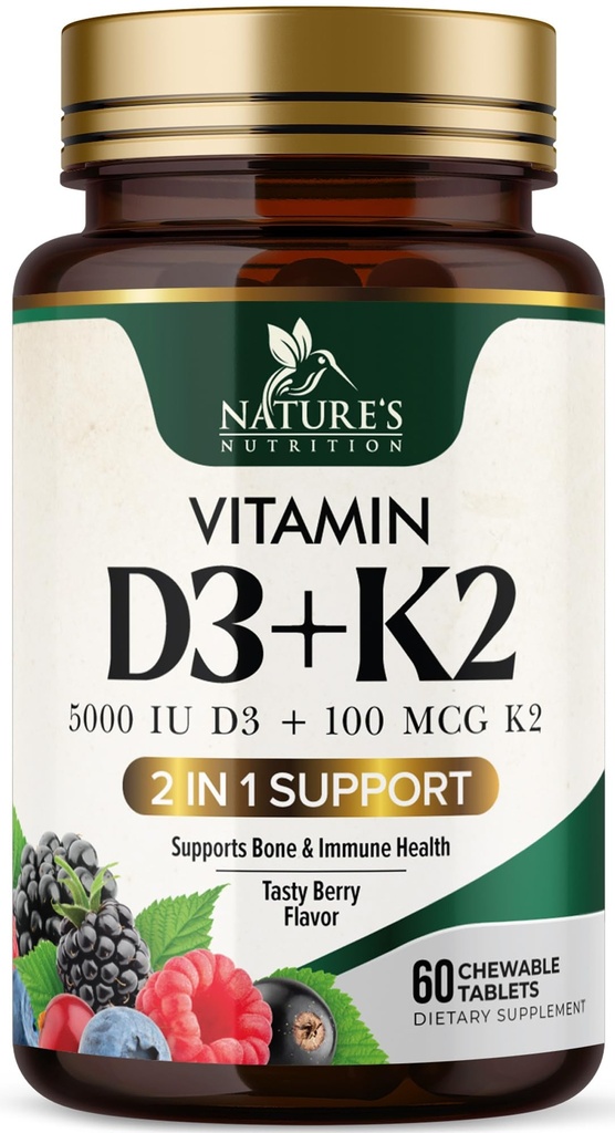 维生素D3 K2 补充 → 5000 IU D3 + K2 100 mcg → MK-7 K2 配 维生素D → 支持 Immune, Heart, Teeth & Bone 健康 - 自然易吃 Chew, VIT D3 K2, Non-GMO, Tasty Berry Flavor - 60 板