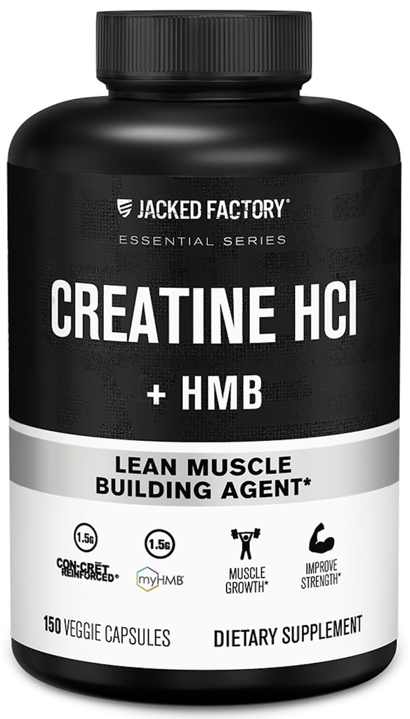Jacked Factory Creatine HCL + HMB Capsules - 协同 CON-CRET, MyHMB, & Vitamin D 改进生长,增强,降低肌肉分解的公式 - 150 Capsules