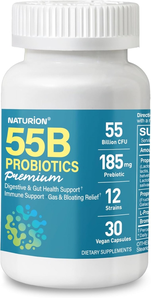 55B priobiotics Premium - 55亿 CFU, 12 Strains, 185mg 预生 - 免疫支持, 消化和古特健康 - 支持偶发性便秘,气体和布洛廷 - 30 Vegan Capsules, 30日供应