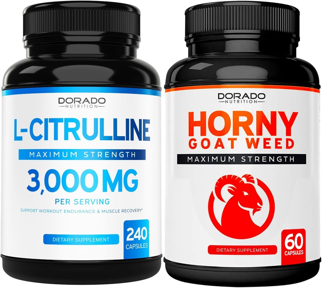 L Citrulline (240 Capsules) L Arginine & Nitric Oxde for Stamina, 耐力和工作表现以及Horny山羊杂草 (60 Capsules) 黄蜂和Icariin Epimedium - Vegan & USA Made