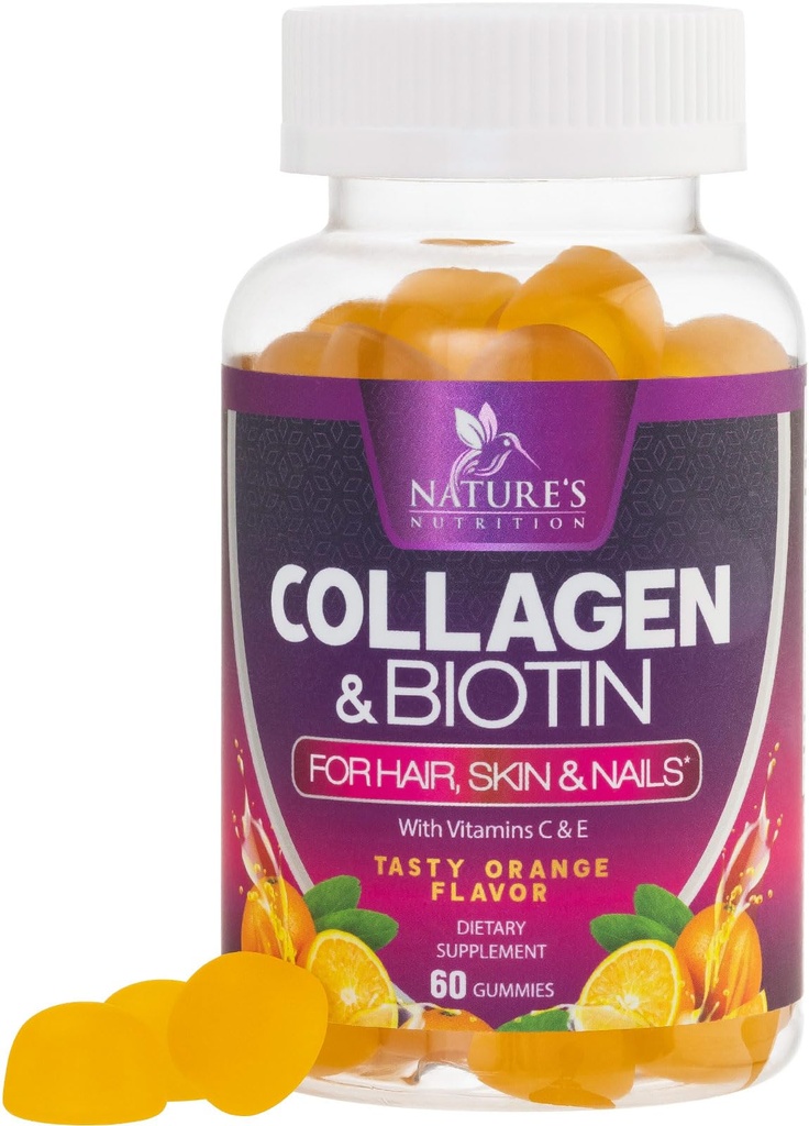 Collagen Gummys配有2500mcg Biotin,维生素C & Zinc - 水解Colagen Peptide Type 1 & 3 补充 - 高级头发,皮肤和钉子生长支持女性和男性,Gluten Free,Non-GMO - 60 Counter