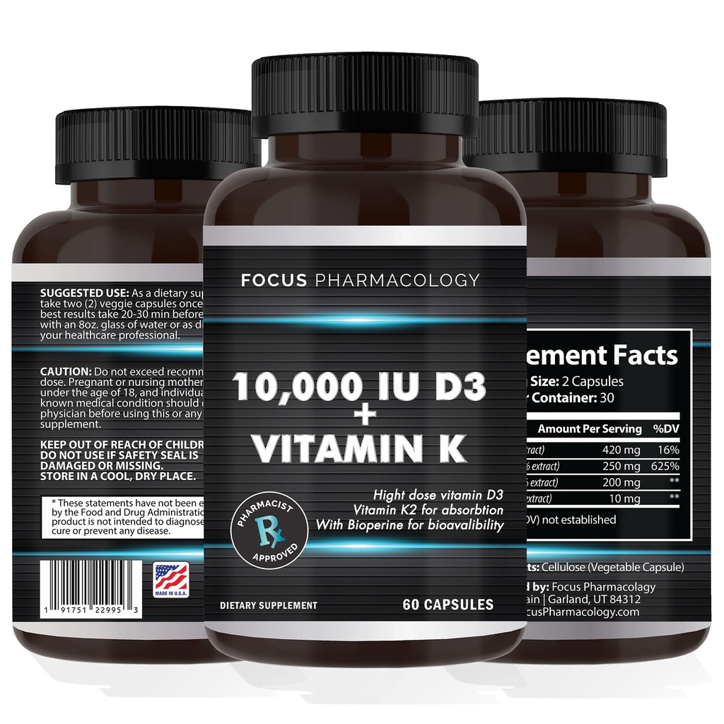 维生素K2配以D3 外力补充Bone QQ 心脏健康非GMO公式 10,000 IU 维生素D3和200 mcg 维生素K2(MK7)QQ 容易吞咽维生素K & D,60 Capsules