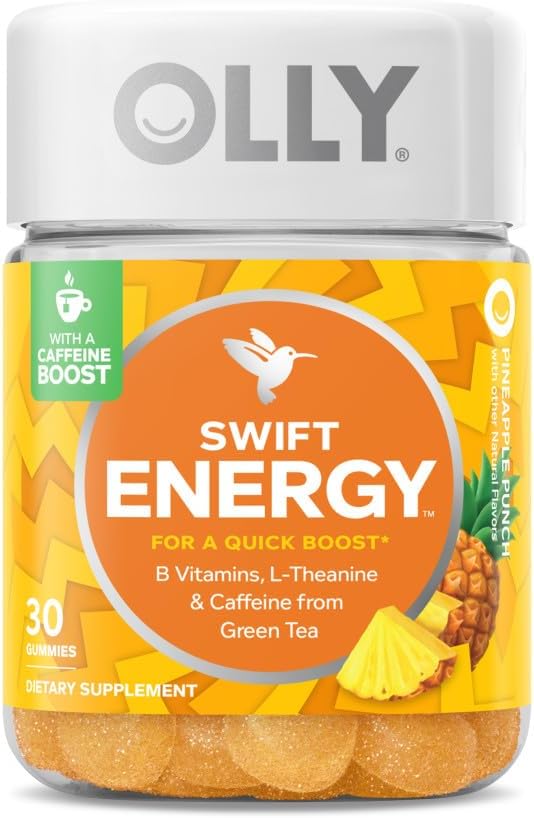 OLLY Swift Energy Gummy,来自绿茶的咖啡因,B维生素,L Theanine,成人厨艺补充品,菠萝,10天供应 - 30个