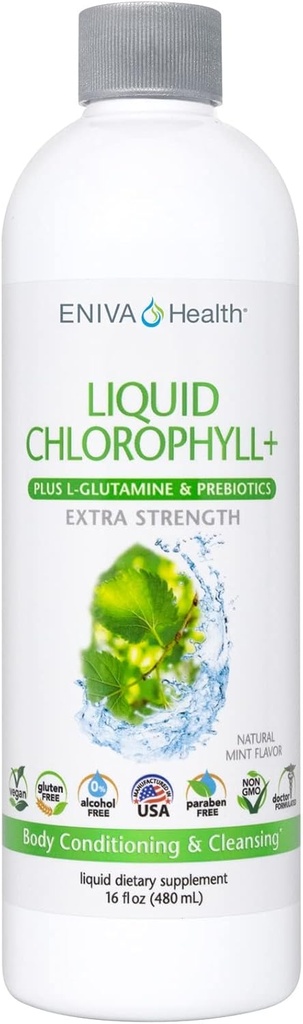 Eniva Health Liquid Chlorophyl Super Greens 24K MG 配有Prebiotic & L-Glutamine | Mint Flavor |皮肤,豁免,能源,Detox, Gut Health | Vegan, Gluten & 无酒精 | 48 服务 |美国制造