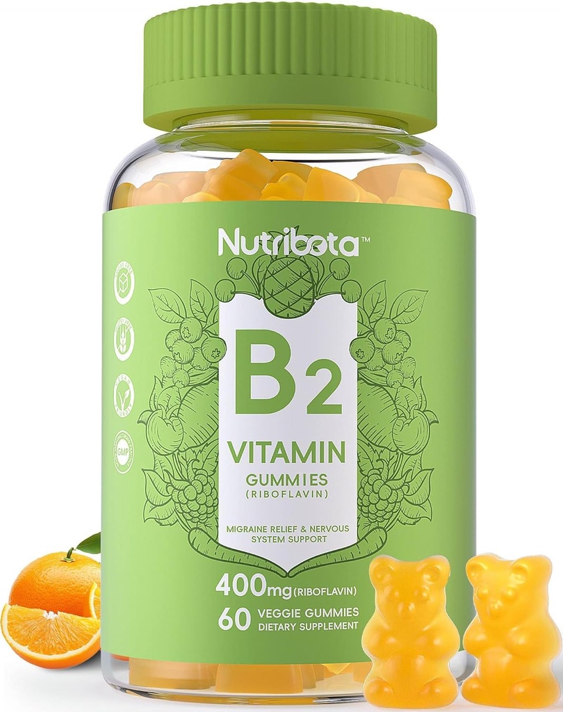 无糖维生素B2 Gummys- Riboflavin 400mg 200mg 配有镁,成人和孩子可达10 CoQ10, Vegan, 60 Counter