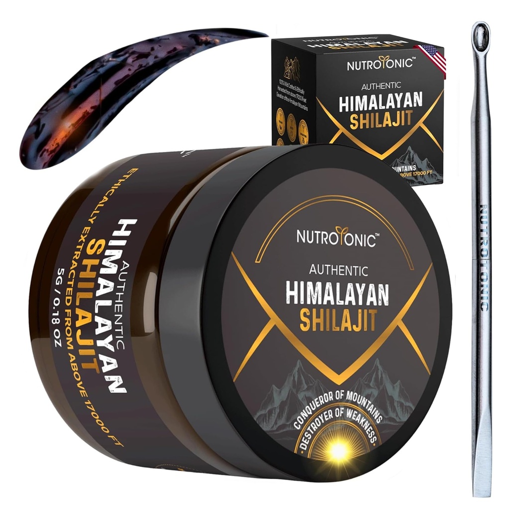 NutroTonic® 真实的喜马拉雅Shilajit Resin for Men & Women - Gold class 86% Fulvic Acid - 野生工艺+17000 FT - 40x Nano过滤和太阳干燥 - 3 政党实验室测试 - 5g Jar