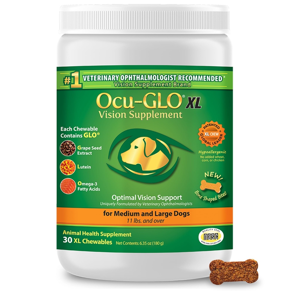 Ocu-GLO Cat & Dog for Eight Support - 带Lutein,Omega-3脂肪酸,葡萄种子提取剂和抗氧化剂的大型和小型宠物护理可嚼视觉补充剂 30 XL Chewables