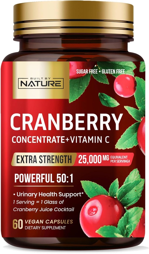 由Nature Cranberry Pills 25 000mg-超强50:1 集中提取维生素C-女性尿道切除健康补充剂-非GMO,无糖,Vegan-60 Capsules
