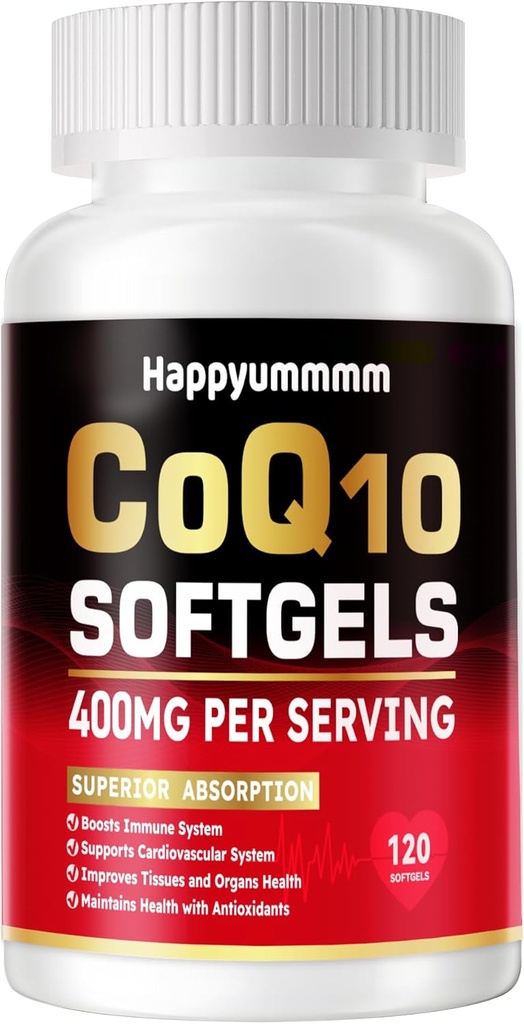 CoQ10-400mg-Softgels配有PQQ,Omega-3,Coenzyme Q10(Ubiquinone) 高吸附,强抗氧化剂,支持心与能量生产,120 services.