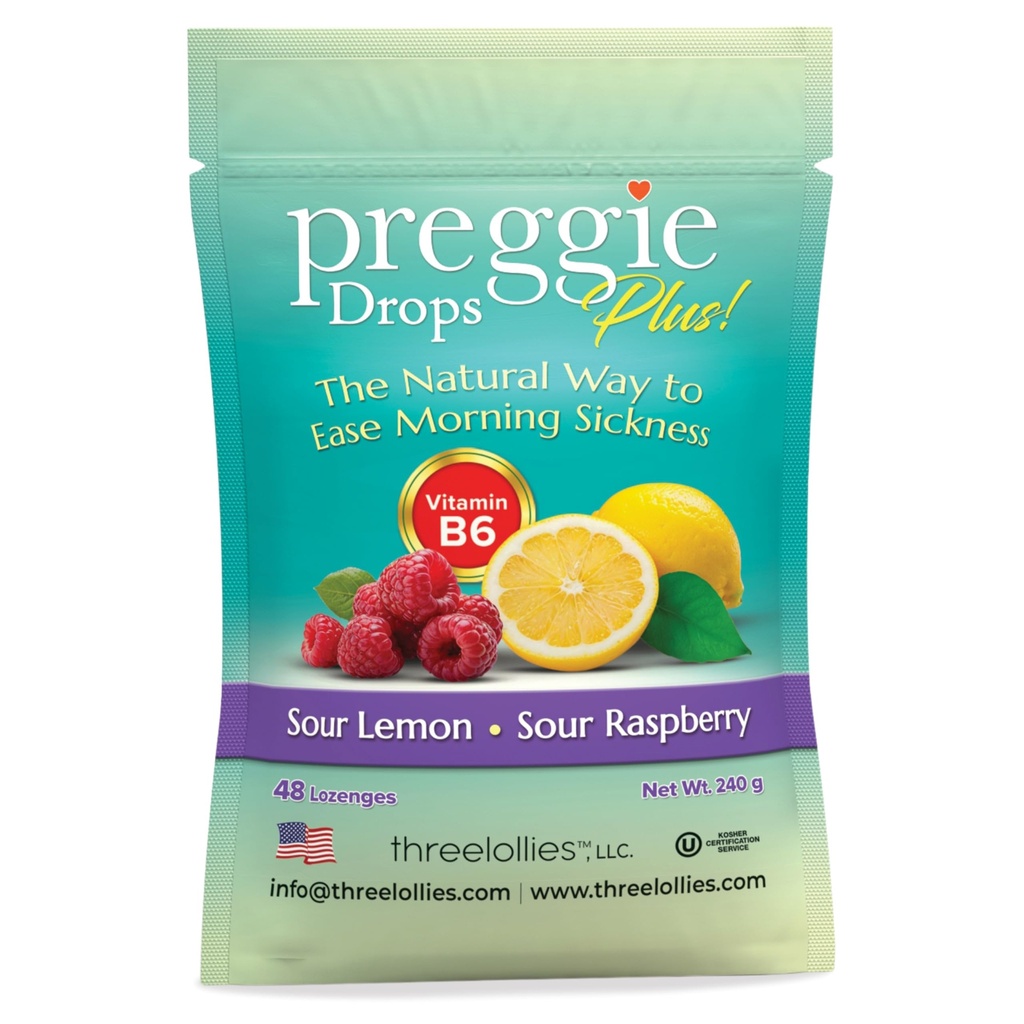 Pregie Pop Drops Plus 配有维生素B6的加固剂 - 早间疾病救助加装维生素B6. Pregie Pops for Relief for 孕妇糖果滴. 酸Raspberry & Sour Lemon 48 计数