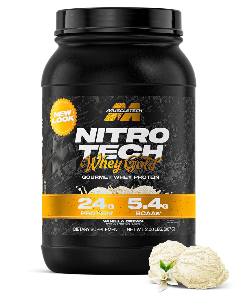 MuscleTech Whey蛋白粉(Vanilla Cream, 2LB) - Nitro-Tech Whey 蛋白质隔膜平滑混合剂用于Lean Muscle和回收 - 24g的Whey Gold for Men and Men - 包装 May Vary