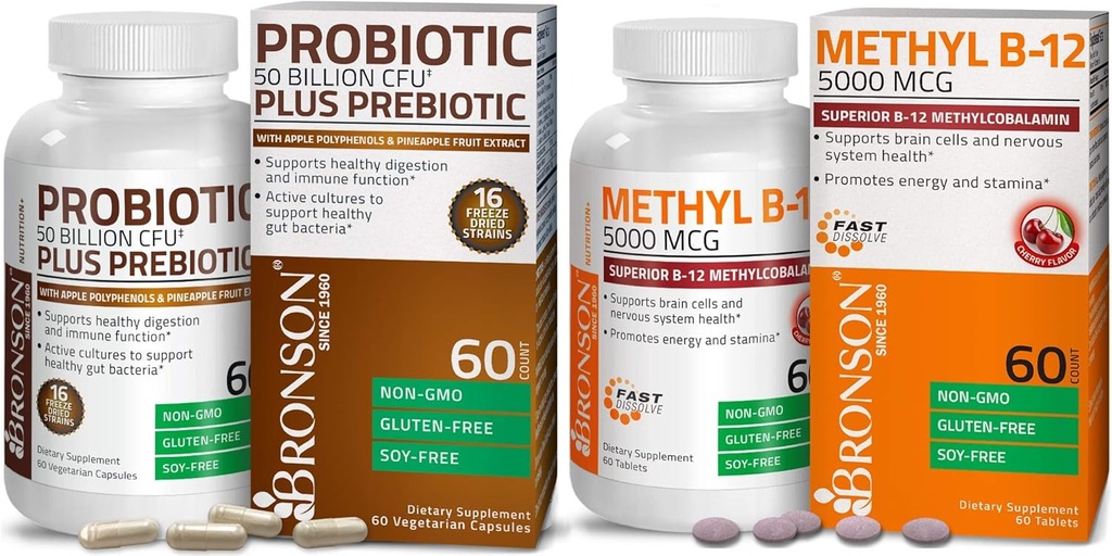 Bronson Probiotic 5亿 CMU + 与苹果多酚和菠萝水果提取剂 + 甲基 B12,5000 mcg 维生素 B12 甲基Cobalamin