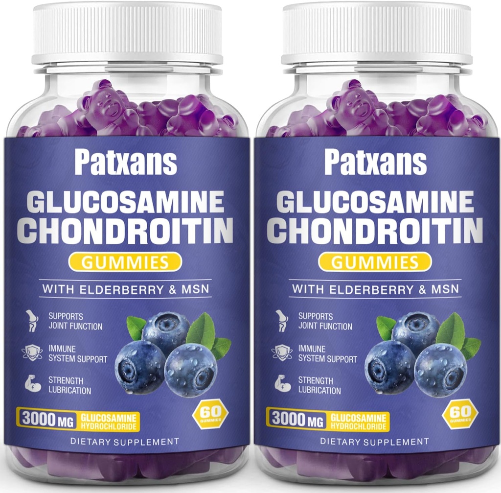 2 Packs 3000MG Glucosamine Chondroitin Gummys - 超强联合健康与MSM 长莓自然联合支持补充,灵活性,成人抗氧化剂免疫支持,120 Gummys.