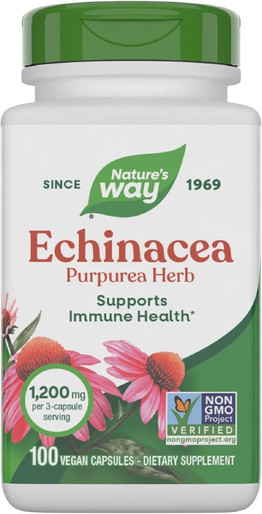 Nature's Way Echinacea Purpurea Herb, 免疫辅助补充*,每3个卡片1200毫克,非GMO项目验证,Vegan,100个卡片(包装May Vary)