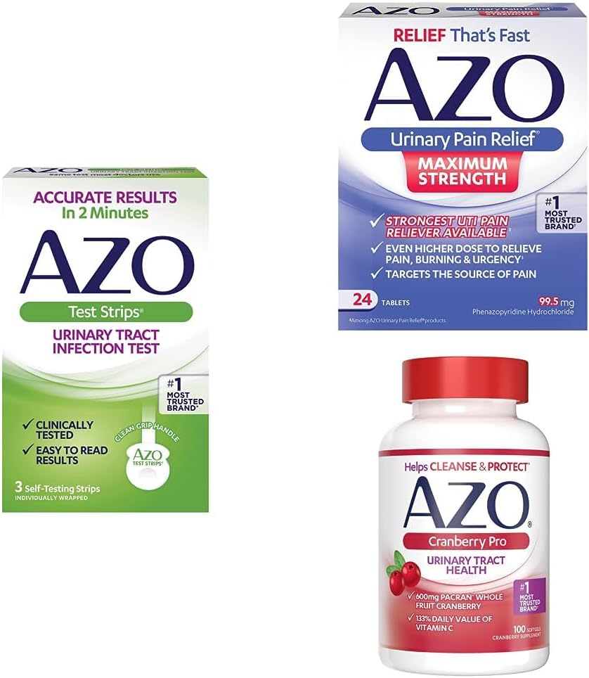AZO UTI 止痛药包 – AZO UTI 试验带 3cm, AZO 尿内止痛药包 最大强度 24cm, AZO Cranberry Pro Supplement 100ct