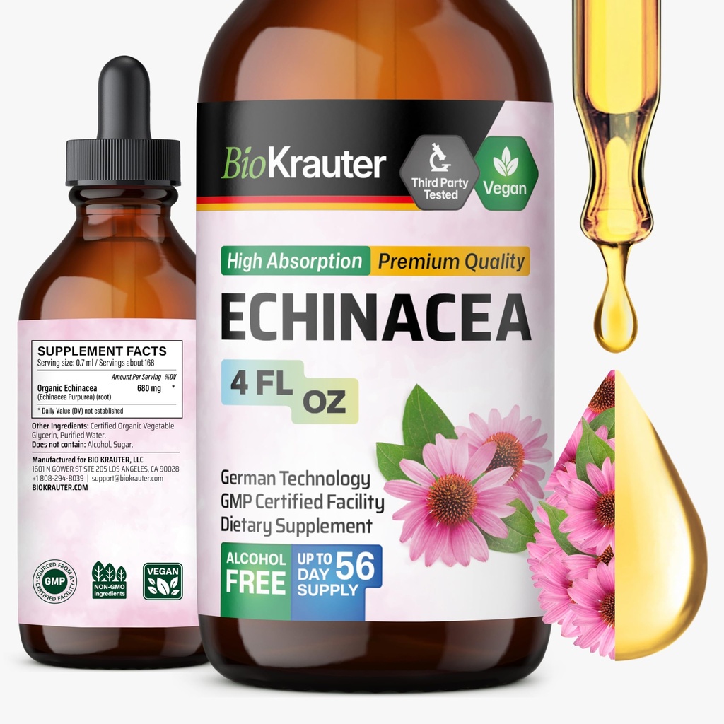 BIO KRAUTER Echinacea Drops - 天然免疫支持 - Echinacea Tincture 补充 - Vegan,酒精和糖自由滴 - 4 Fl.Oz.