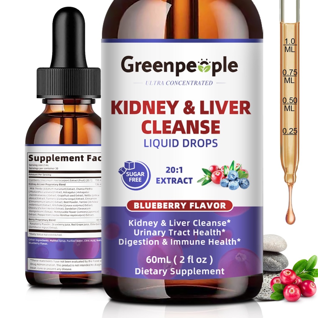 GREENPEOPLE 肾脏清扫解毒与修复 - 27-In-1 肾脏与肝脏滴药 含20:1 Cranberry 提取 & Chanca Piedra, Urinary Tract & Liver 支持的无酒精补充(2Oz 1 Pack,蓝莓)
