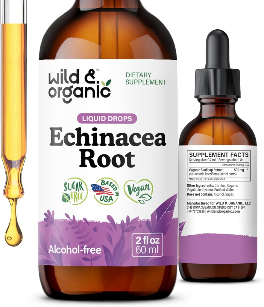 野生和有机的Echinacea Tincture - 用液态Echinacea根提取的免疫支持滴 - Angustifolia 补充剂 - Vegan,糖和无酒精 - 2 fl oz