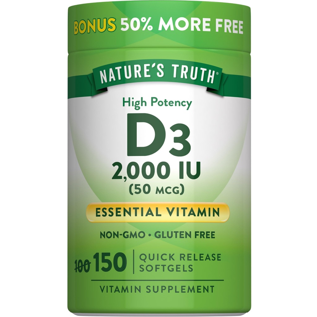 大自然的真理维生素D3 2000 IU 成人软胶 150 Counter QQ 高概率 QX Non-GMO 和 Gluten 免费补充