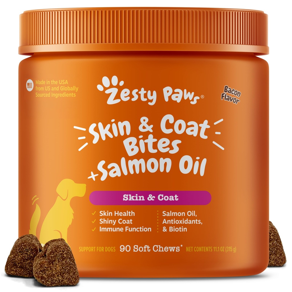 Zesty Paws Omega 3 Fish Oil for Dogs - Zesty Paw Dog 维生素和Hip, Joint & Skin, Bacon(90 Chews)的补品.