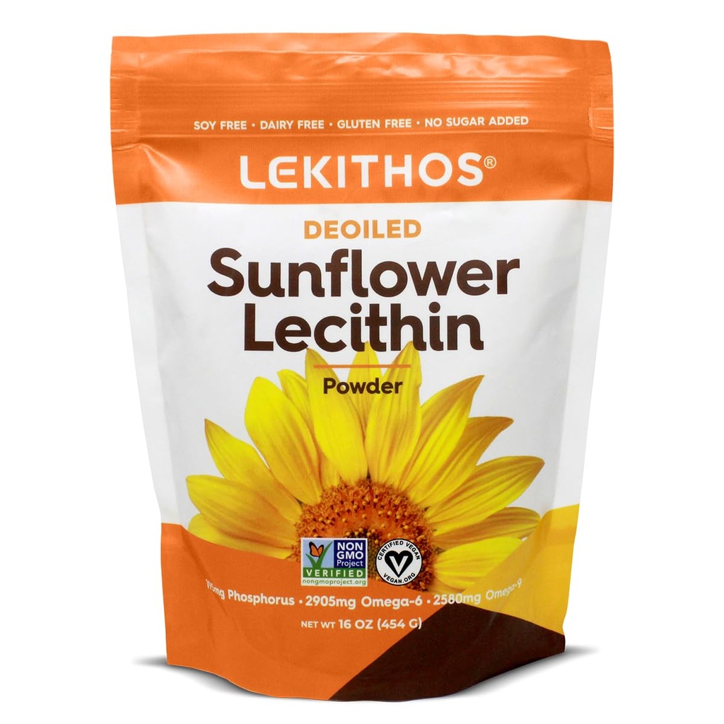 Deoiled Sunflower Lecithin Powder 16oz, Daily Lecithin 补充烹饪, Baking & Gummys, 1760mg Phospatidyl Choline 补充 - 对堵塞的牛奶 Ducts! 65 服务,非GMO