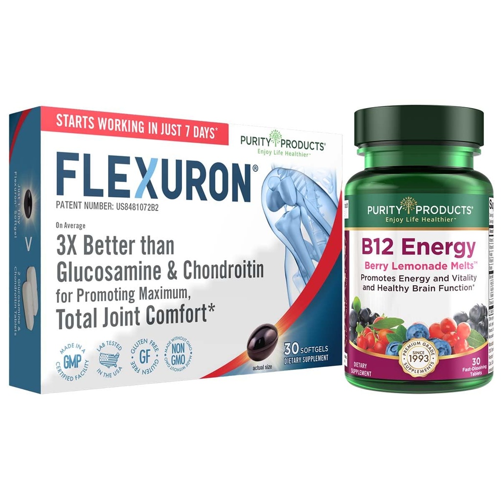 纯度产品 Flexuron 联合公式 + B-12 能量熔融 Flexuron(Krill Oil,低分子重量 Hyaluronic酸, Astaxanthin) - B12 能量熔融(Methylcobalamin B12,维生素D3,Biotin + More)