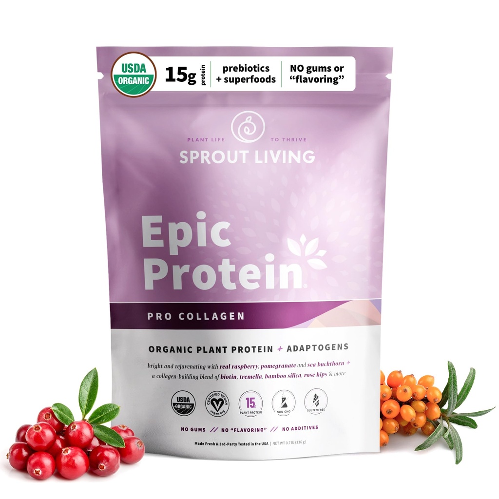 Sprout Living Epic蛋白,植物基蛋白和超级食品粉,Pro Collagen,Berry → 15克有机蛋白粉,Vegan,非乳品,N-GMO,Gluten Free,低糖(0.7英镑,12种服务)