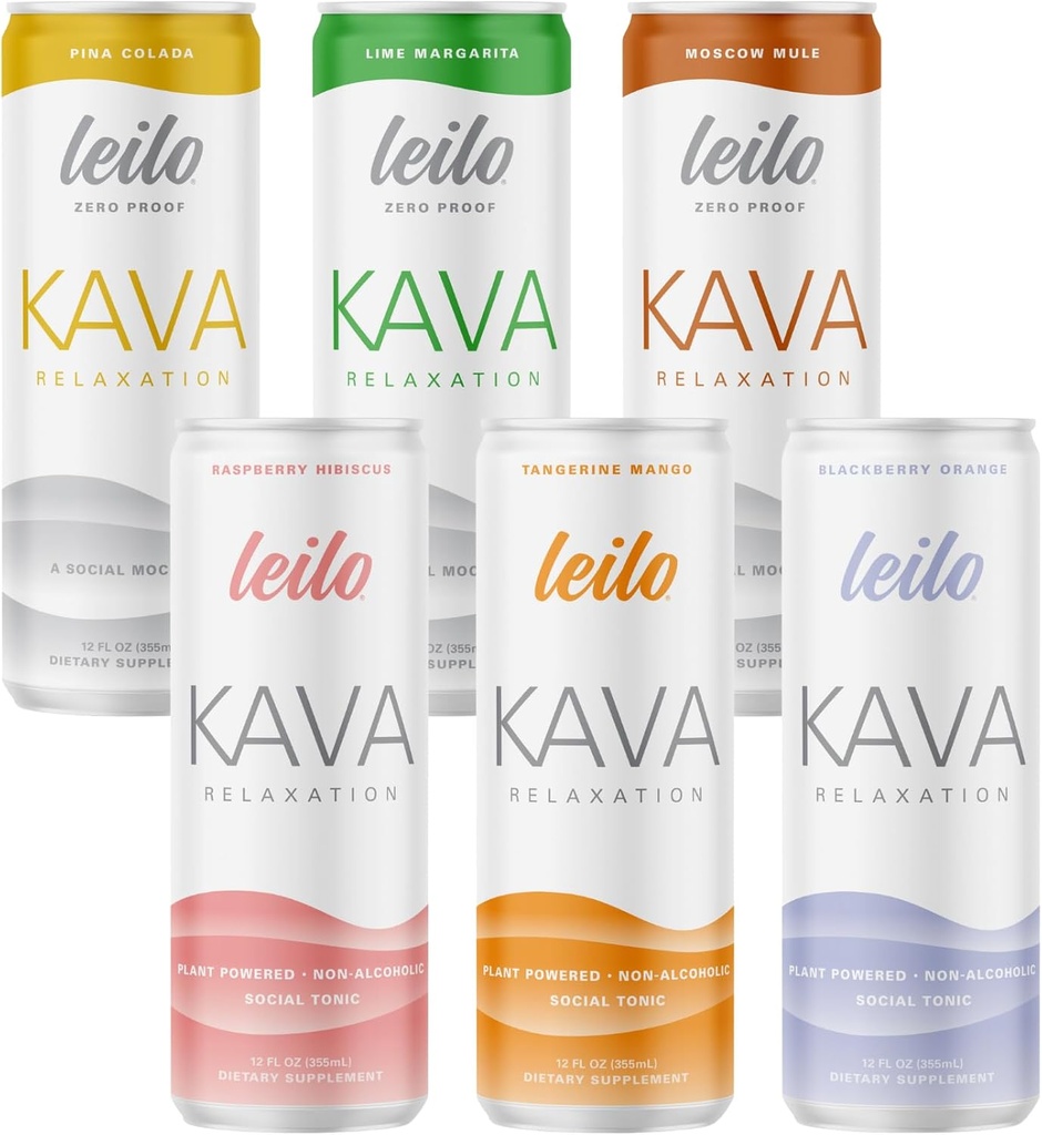 LEILO KAVA Powered Sparkling Relaxation drink QQ Variety 标本机 6-Pack – 非ALC 镇静饮料 包括 (3)经典 & (3) Mocktail Flavors → 12 fl oz Cans (Pack of 6)
