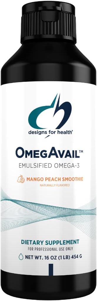 健康OmegAvail Smoothie的设计 - Omega 3 TG Triglyceride 鱼油乳化与DHA + EPA - 心血管+脑支持的液体补充,芒果桃花(43 services / 16oz)