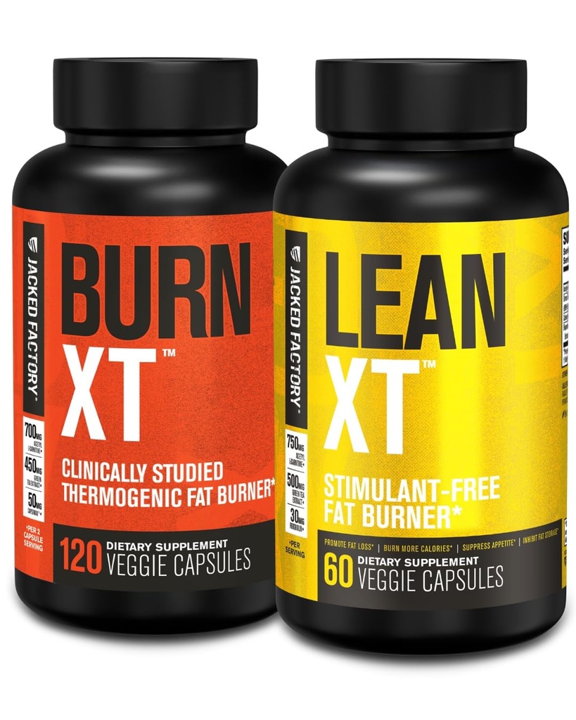 Jacked Factory Burne-XT临床研究脂肪燃烧器和重量损失补充剂 - Appetite 抑制剂和能量促进剂(120 Capsules) & Lean-XT 咖啡因无脂肪燃烧器(60 Capsules)