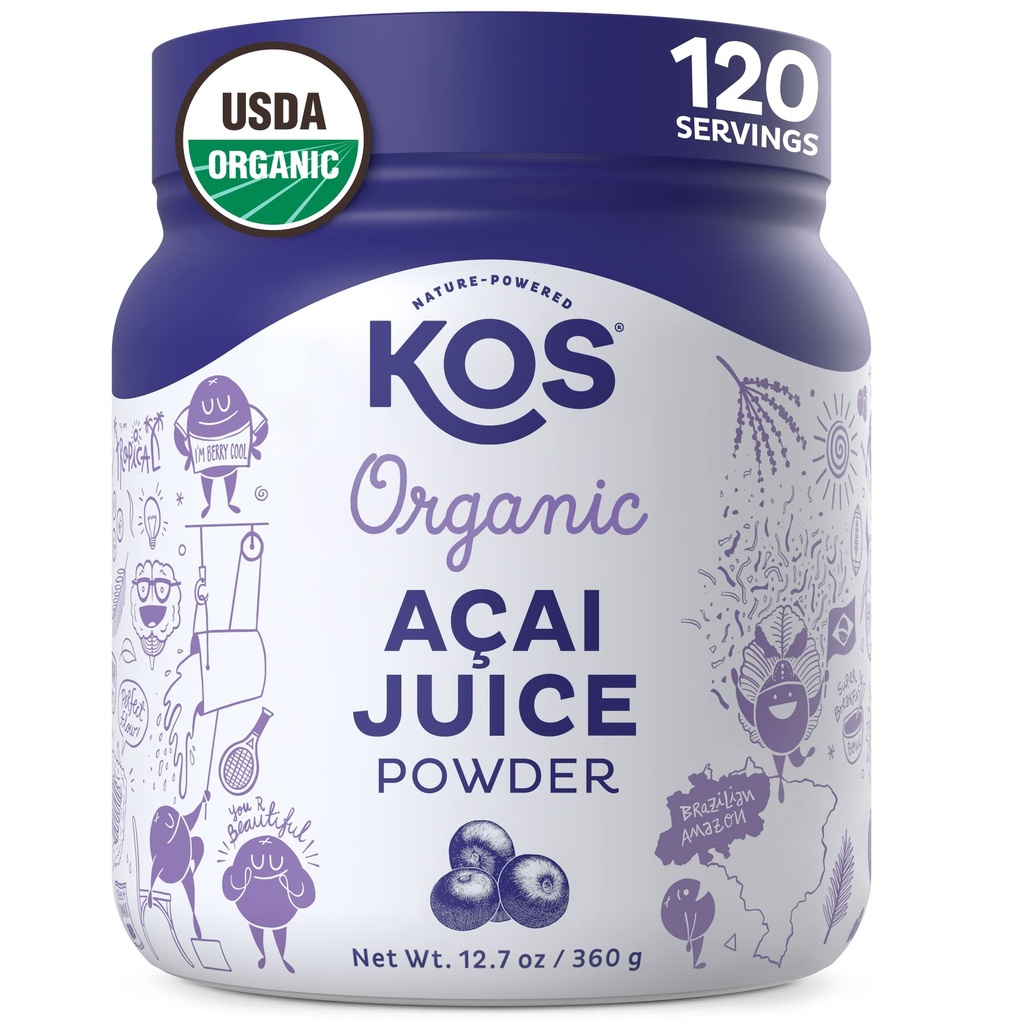 KOS 有机Acai 汁粉 - USDA 认证的有机、植物制超食品抗氧化剂、巴西的超级莓、滑冰和碗、0g糖、Vegan、Gluten-Free、非GMO - 120种服务