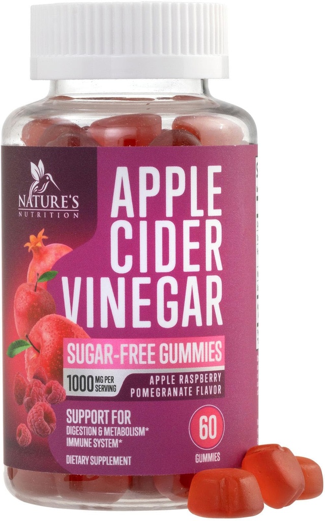 Apple Cider Vinegar Gummys 1000 mg / service - 糖自由 Max 强 ACV Gummy Vitamins 补充,高级公式,维生素B12 支持代谢与能源,Keto Friend, Vegan, 60 Gummys