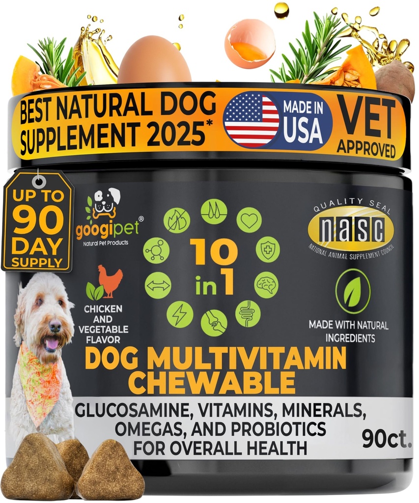 Googipet Premium 10 in 1 Dog 维生素多维他命化学剂用于Gut健康,狗维生素和补充 w/Vitamin C & Glucosamine 用于联合支持(鸡和蔬菜火焰)