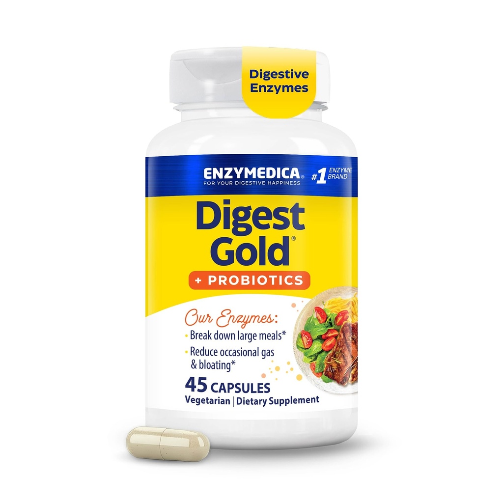 Enzymedica Digest Gold + Probiotics, 2-in-1 古特健康公式, 消化酶和1亿 活性Probiotic Cultures, 45 Counter (FFP).
