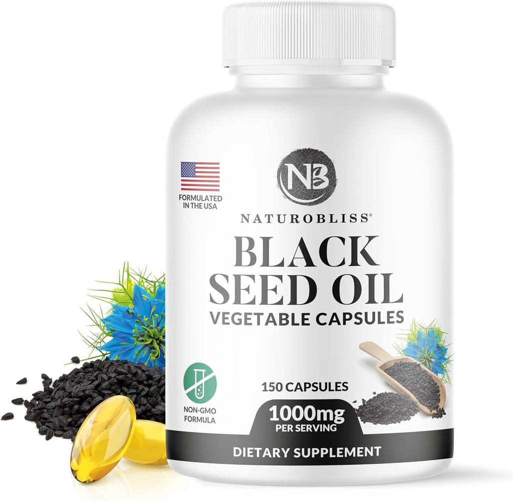 NaturoBliss 黑种子油 - 150 软胶 Capsules 皮肤健康(Non-GMO & Vegan) Premium Cold-Pressed Nigella Sativa 生产纯黑色 Cumin 种子油 - 每2个Capsule 服务 - 75 服务